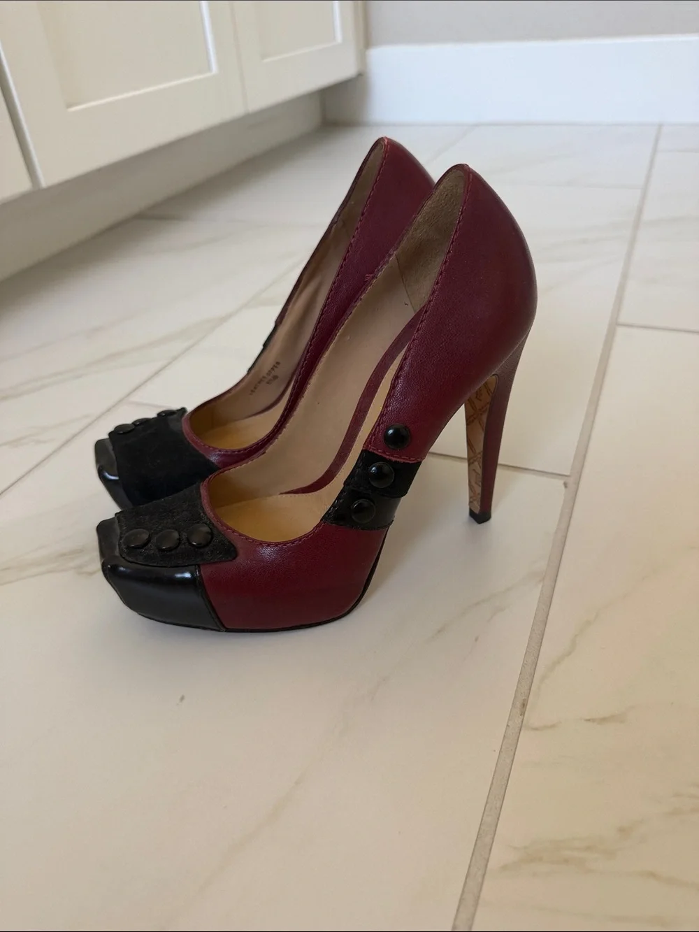 L.A.M.B. Burgundy and Black Button-Accent High Heels